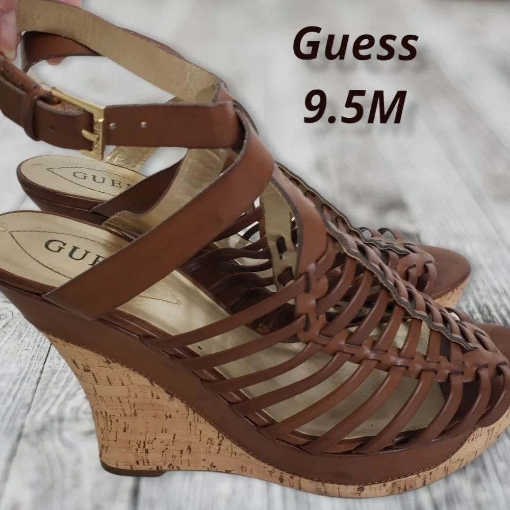Guess Cage Gladiator Platform Cork Wedge Sandals 9.5 EUC Brown Natural